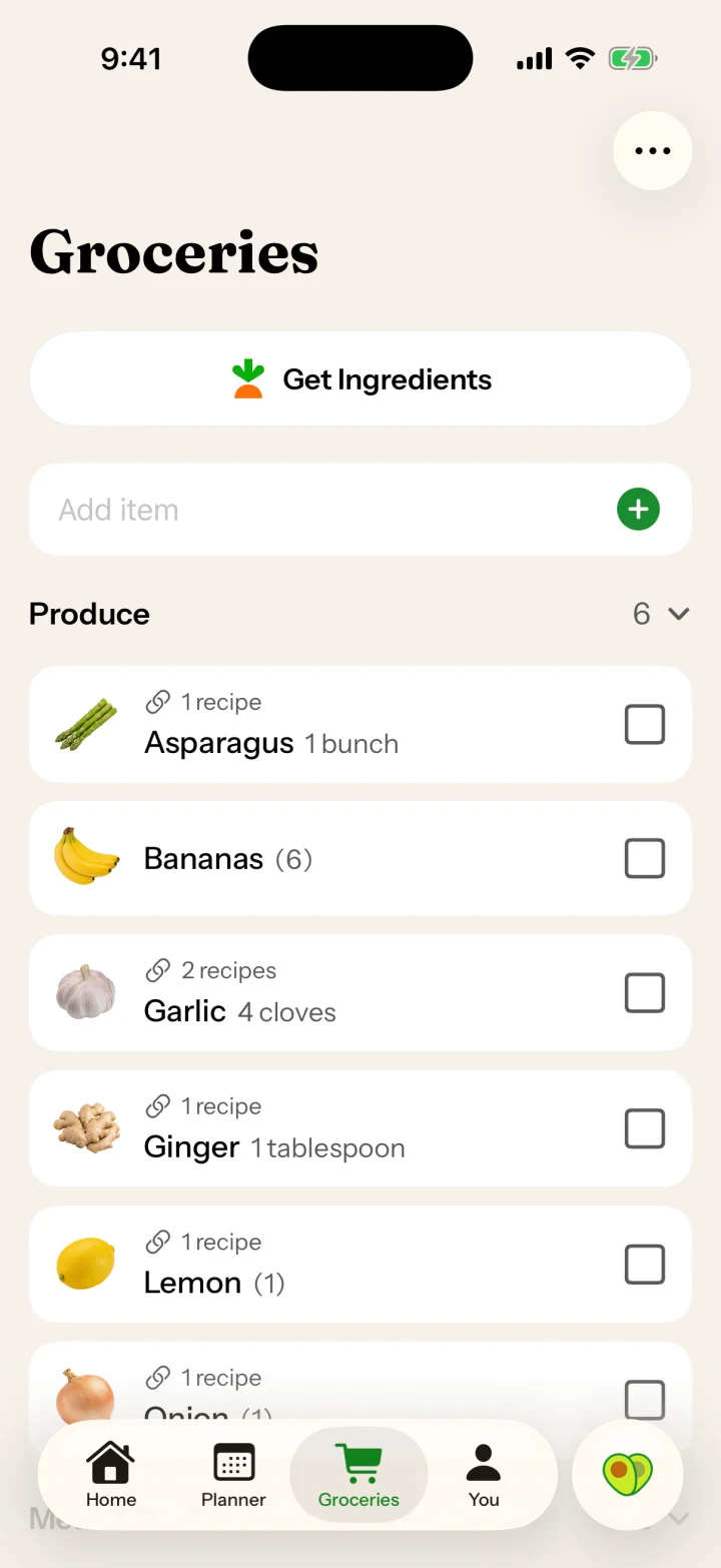 Grocery list with a Get Ingredients button and produce grouped together