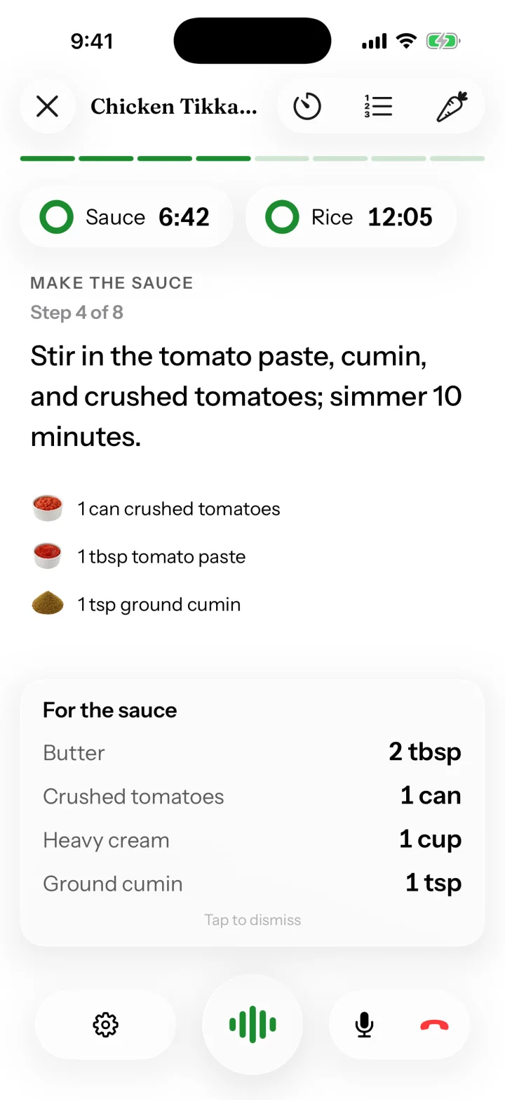 Cook mode with two timers running and the sauce quantities Cado read out